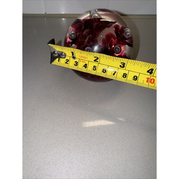 Vintage 2003 Joe Rice Glass Paperweight,Cranberry Pink Trumpet Flowers & Bubbles - Picture 7 of 7